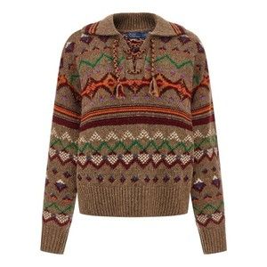 Polo Ralph Lauren Jacquard Patterned Wool Sweater With Lace-Up V-Neck - NWT